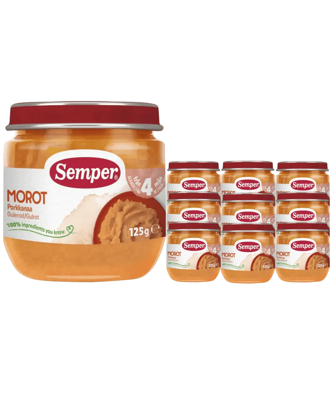 Semper Morotspuré – 12-pack (Från 4 månader, 125 g) <p><strong>Pris per burk: ca 12kr</strong></p> BabyMat.se