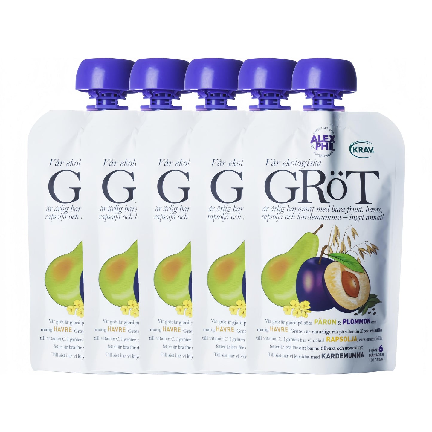 Alex&Phil Gröt med Päron Plommon Kardemumma 6M 5x100 g Alex&Phil