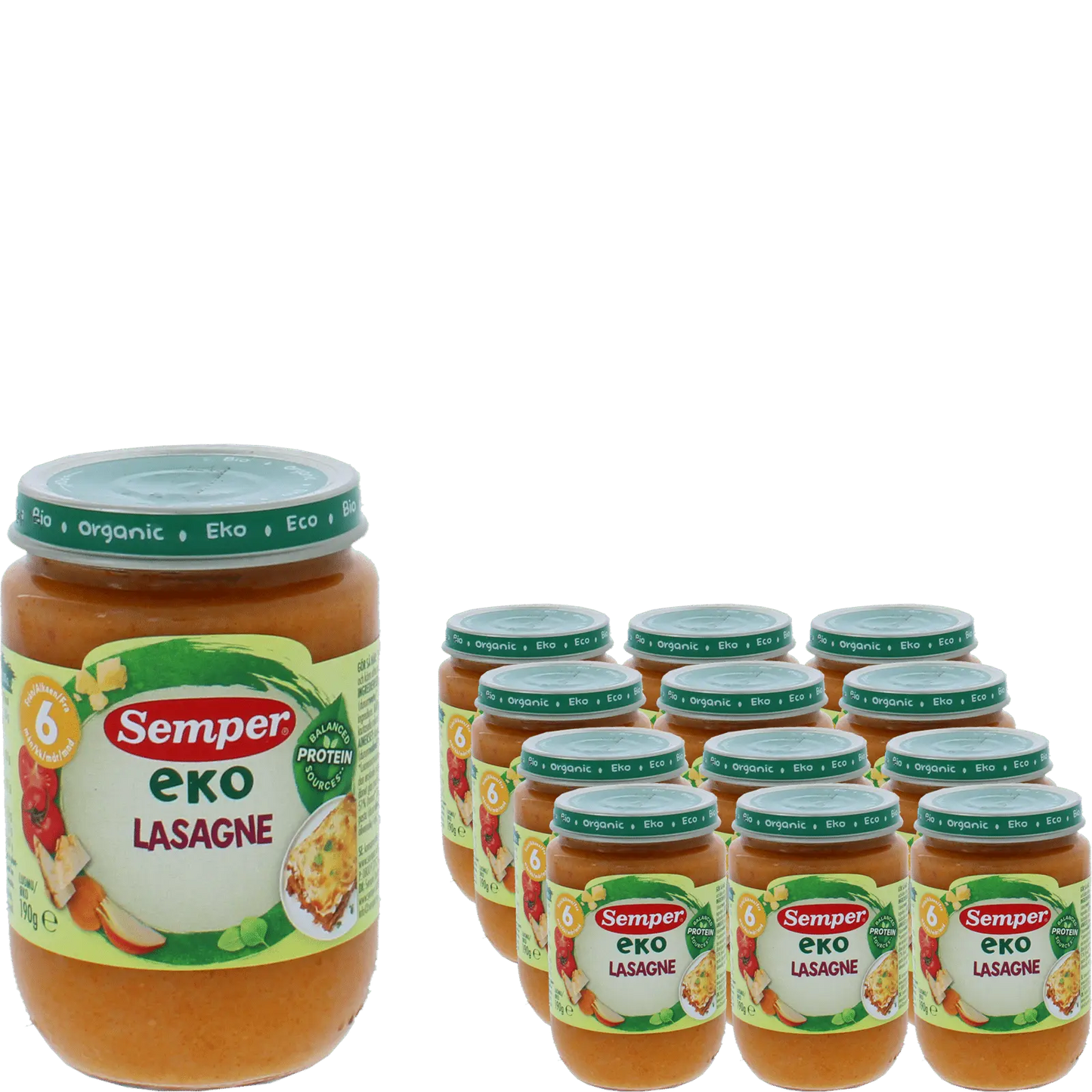 Semper Eko Lasagne – 12-pack för barn från 6 månader (190 g) <p><strong>Pris per burk: ca 19kr</strong></p> BabyMat.se