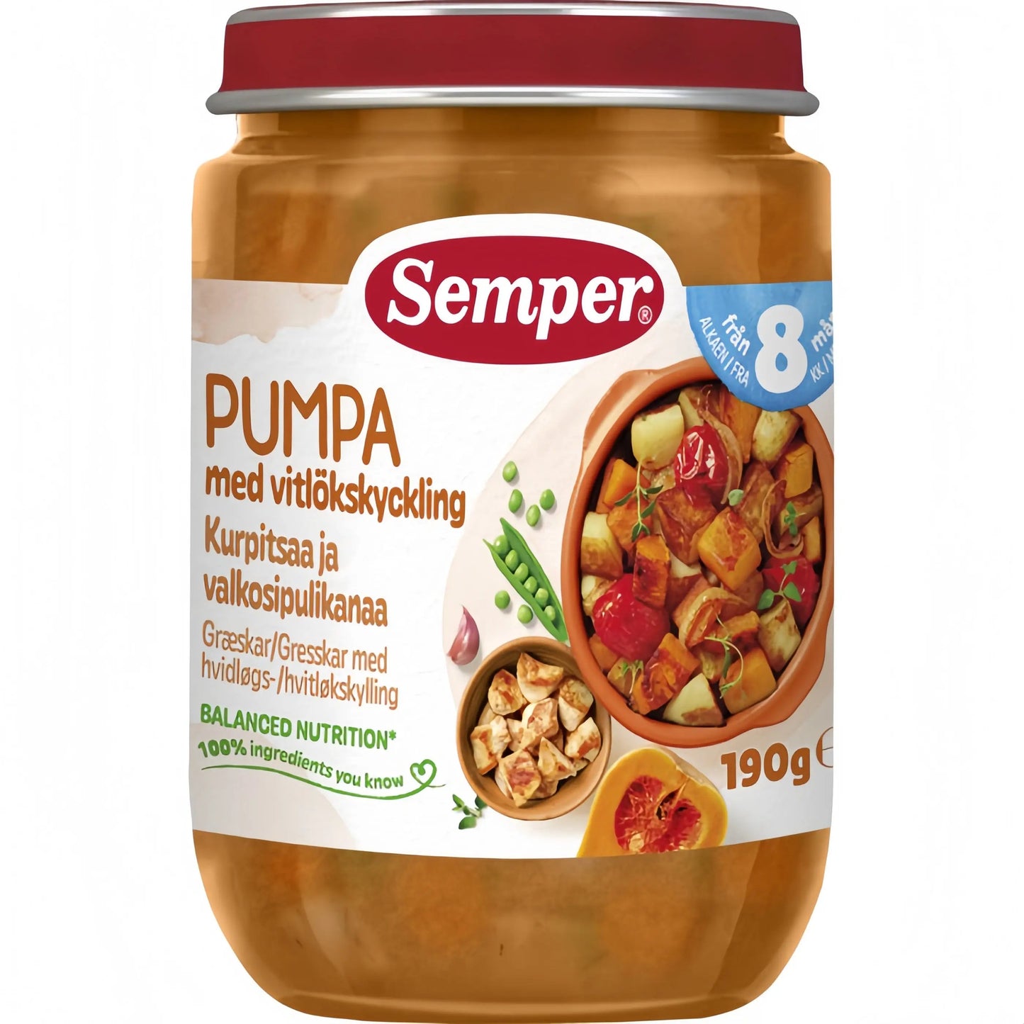Semper Pumpa med vitlökskyckling 190g 8m