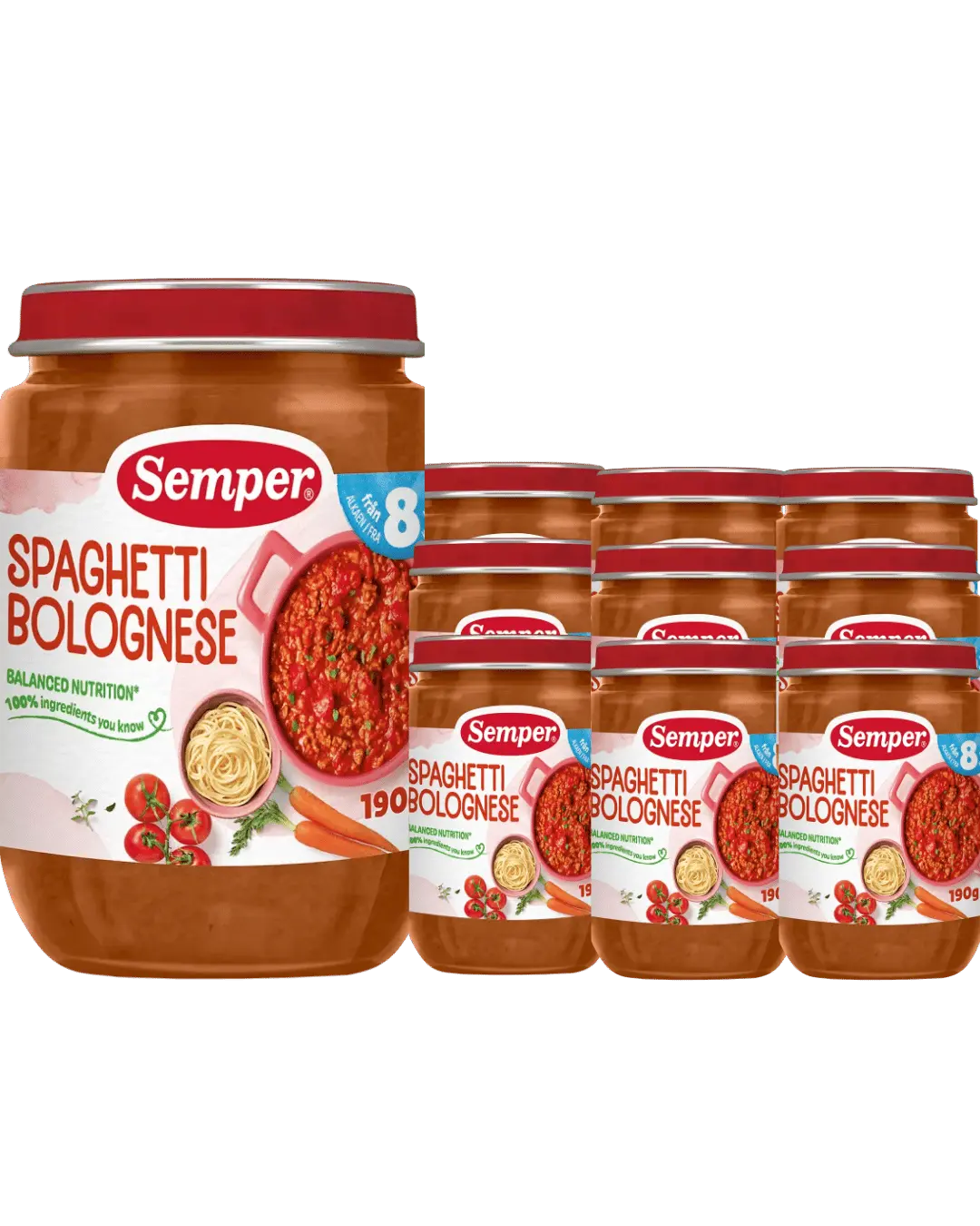 Semper Spaghetti & Köttfärssås – 12-pack (Från 8 månader, 190 g) <p><strong>Pris per burk: ca 16kr</strong></p> BabyMat.se