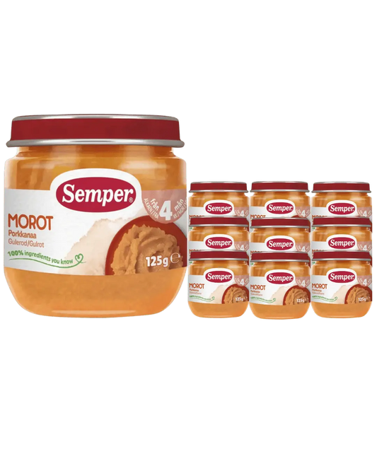 Semper Morotspuré – 12-pack (Från 4 månader, 125 g) <p><strong>Pris per burk: ca 12kr</strong></p> BabyMat.se