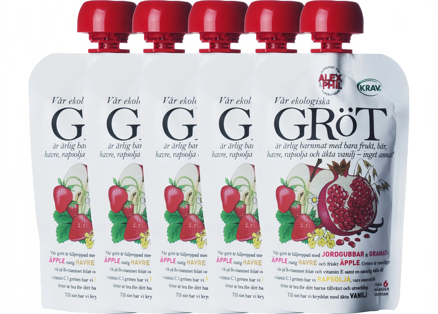 Alex&Phil Gröt med Jordgubbe Granatäpple Vanilj 6M 5x100 g