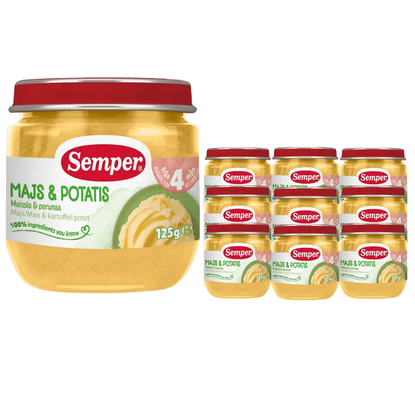 Semper Majs & Potatis 12x125g – Mild barnmat för barn från 4 månader <p><strong>Pris per burk: ca 12kr</strong></p> BabyMat.se