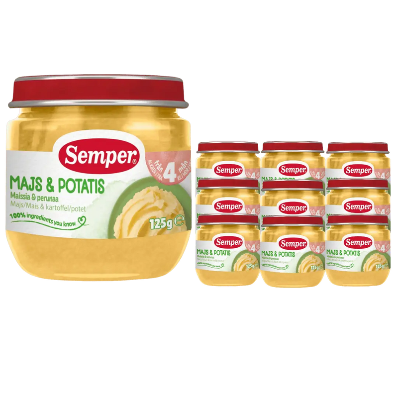 Semper Majs & Potatis 12x125g – Mild barnmat för barn från 4 månader <p><strong>Pris per burk: ca 12kr</strong></p> BabyMat.se