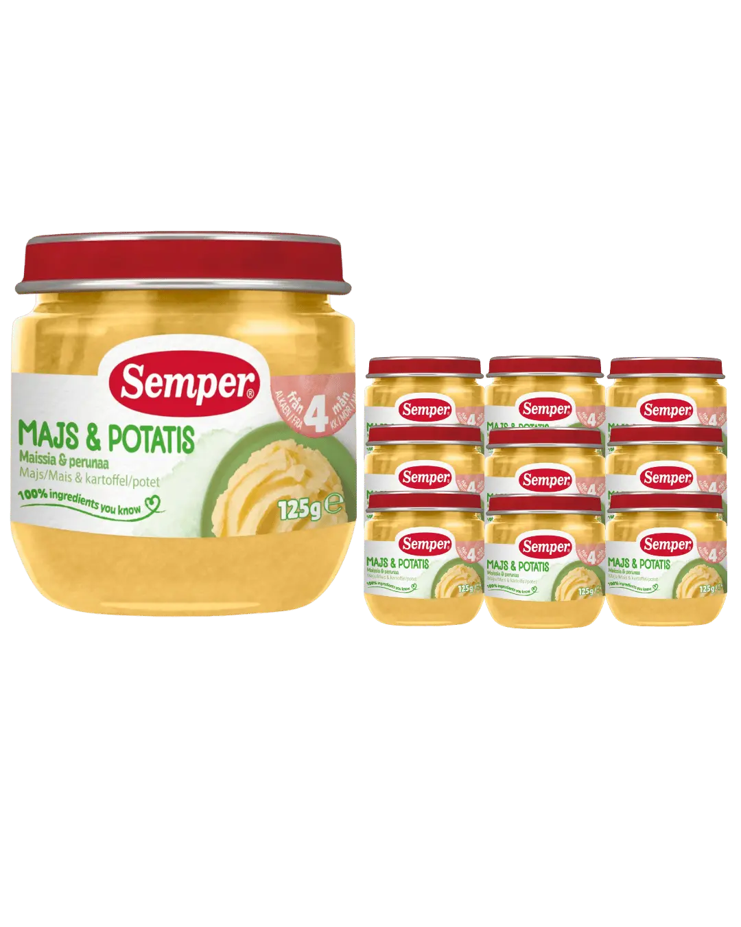 Semper Majs & Potatis 12x125g – Mild barnmat för barn från 4 månader <p><strong>Pris per burk: ca 12kr</strong></p> BabyMat.se