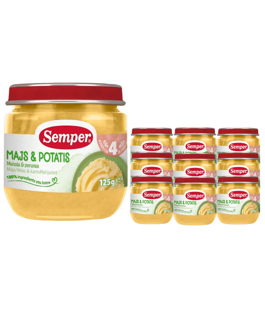 Semper Majs & Potatis 12x125g – Mild barnmat för barn från 4 månader <p><strong>Pris per burk: ca 12kr</strong></p> BabyMat.se