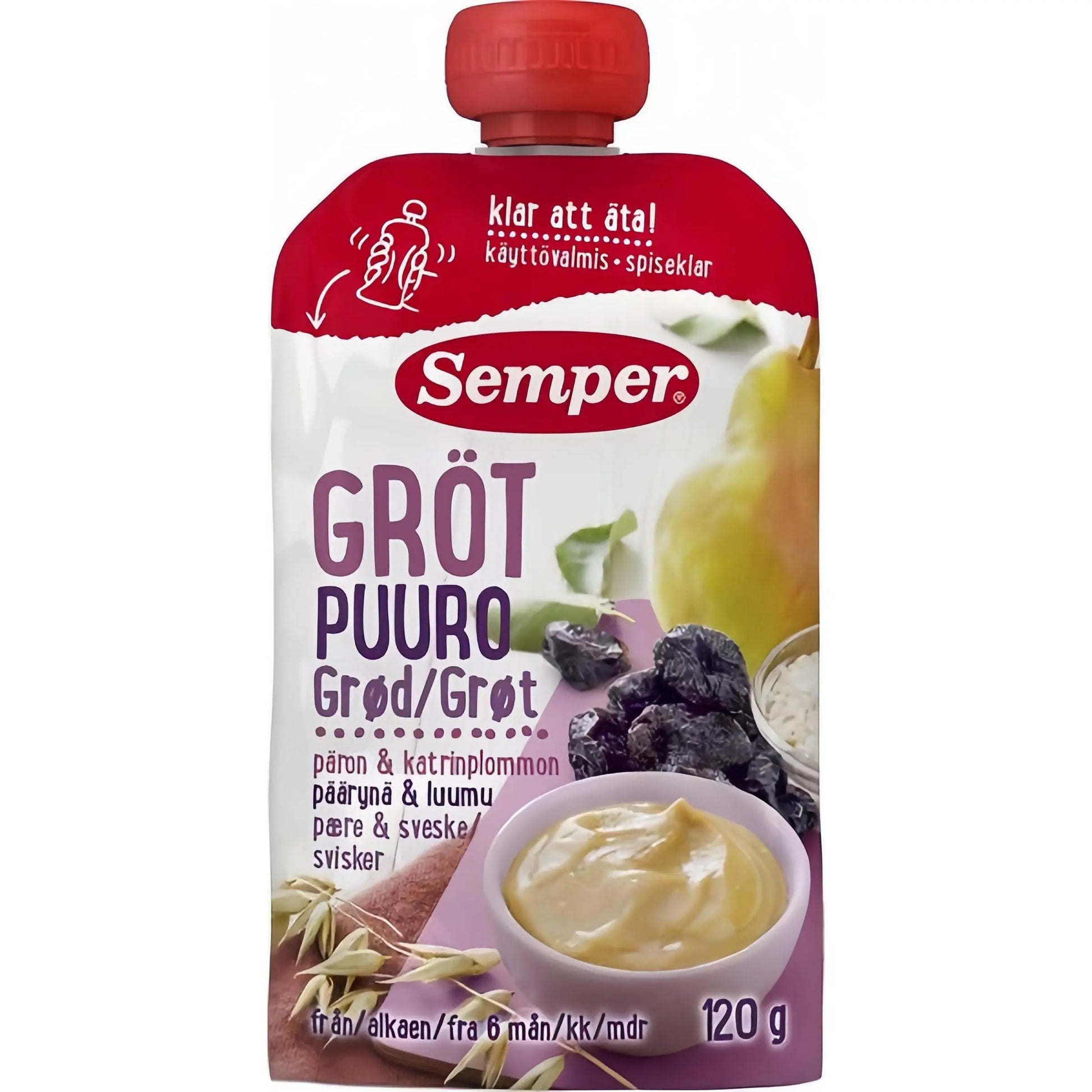 Semper Ätklar Gröt med Päron & Katrinplommon 6M 120 g Semper