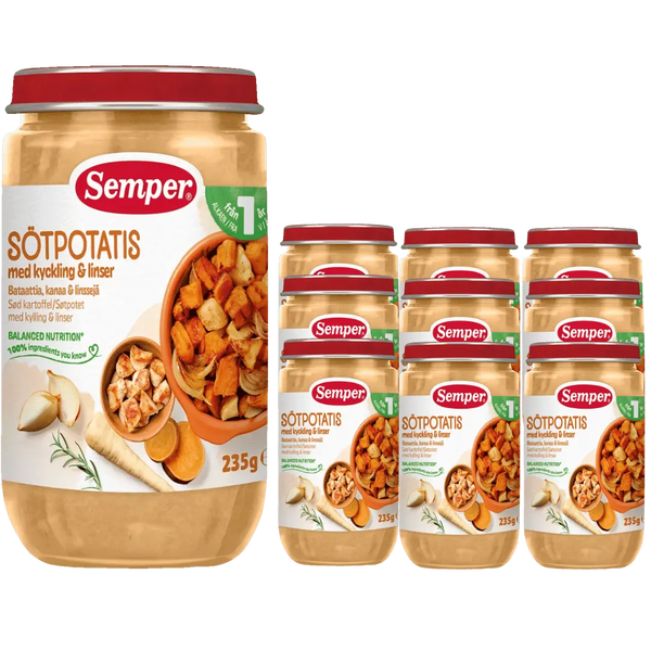 Semper Sötpotatis med Kyckling & Linser – 12-pack (Från 12 månader, 235 g) <p><strong>Pris per burk: ca 21kr</strong></p> BabyMat.se