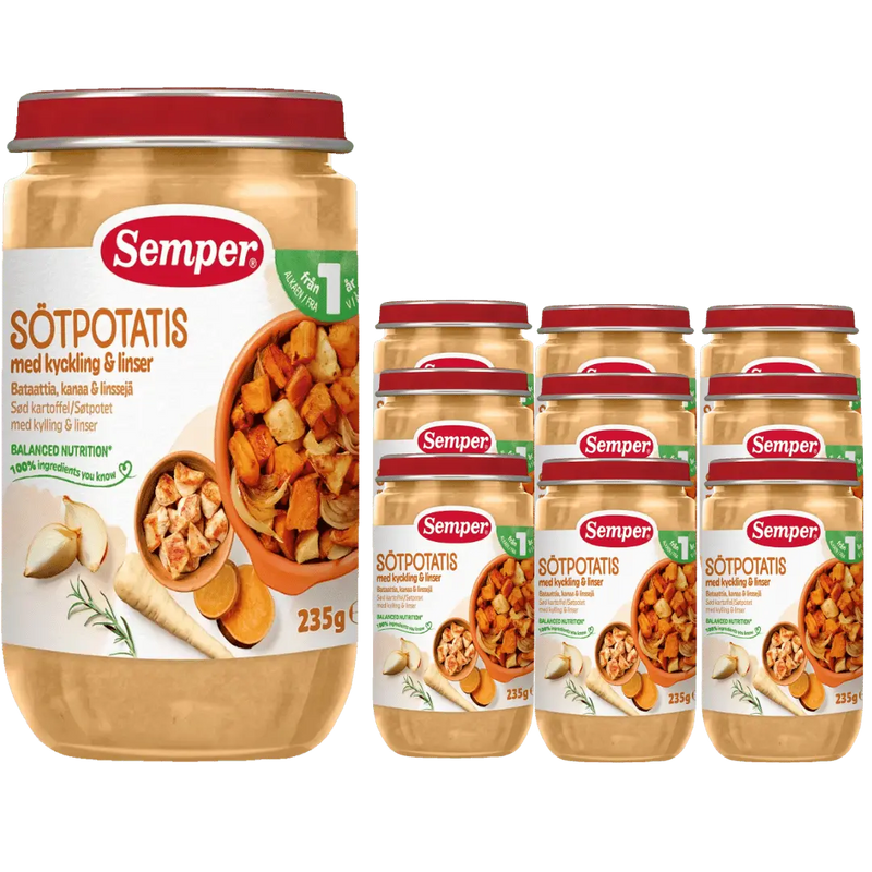 Semper Sötpotatis med Kyckling & Linser – 12-pack (Från 12 månader, 235 g) <p><strong>Pris per burk: ca 21kr</strong></p> BabyMat.se