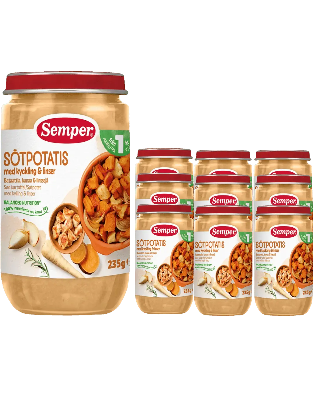 Semper Sötpotatis med Kyckling & Linser – 12-pack (Från 12 månader, 235 g) <p><strong>Pris per burk: ca 21kr</strong></p> BabyMat.se