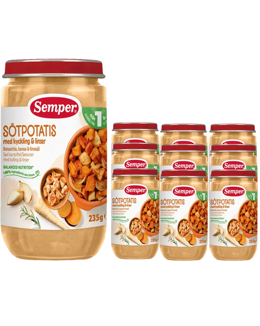 Semper Sötpotatis med Kyckling & Linser – 12-pack (Från 12 månader, 235 g) <p><strong>Pris per burk: ca 21kr</strong></p> BabyMat.se