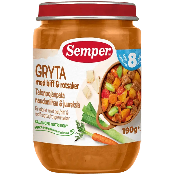 Semper Gryta med biff & rotsaker – Från 8 månader (190 g) babymat från BabyMat.se