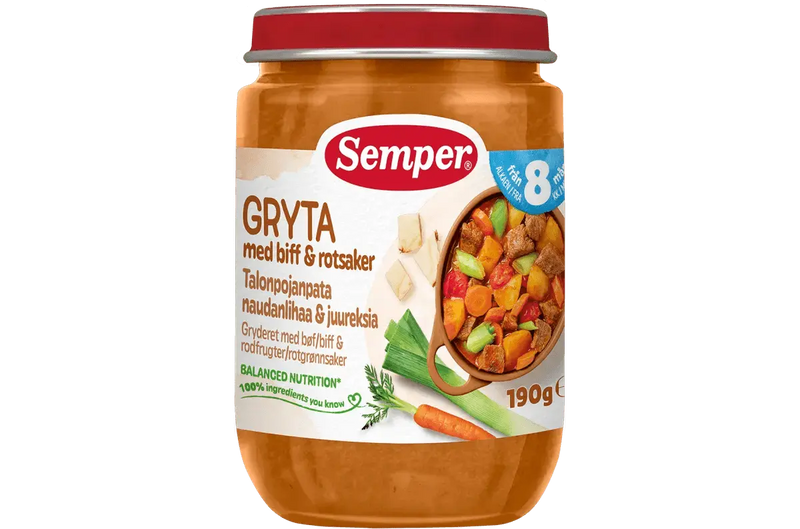Semper Gryta med biff & rotsaker – Från 8 månader (190 g) babymat från BabyMat.se