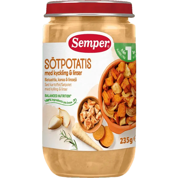 Semper Sötpotatis med Kyckling & Linser – Från 12 månader (235 g) babymat från BabyMat.se
