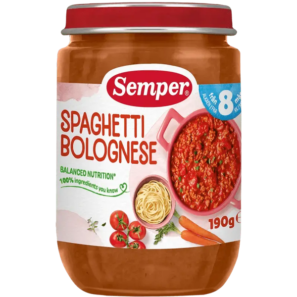 Semper Spaghetti & Köttfärssås – Från 8 månader (190 g) babymat från BabyMat.se