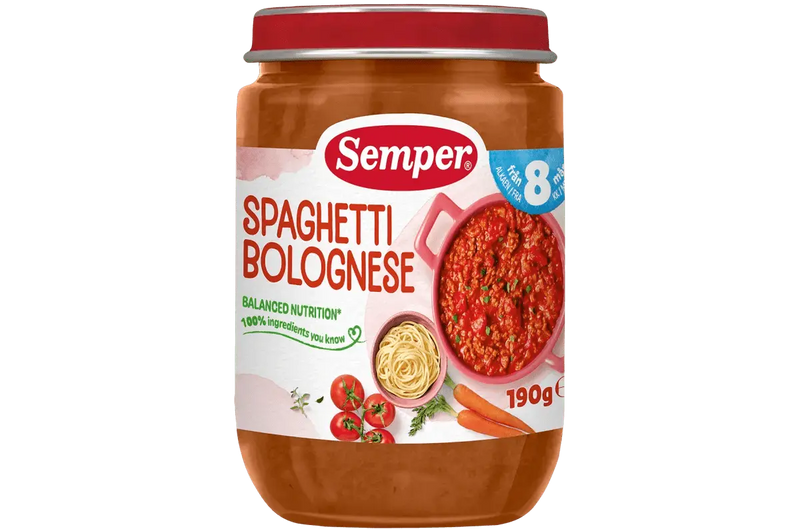 Semper Spaghetti & Köttfärssås – Från 8 månader (190 g) babymat från BabyMat.se