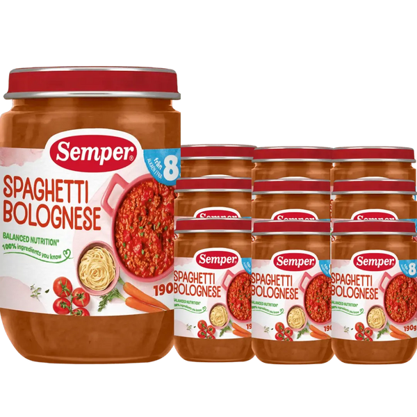 Semper Spaghetti & Köttfärssås – 12-pack (Från 8 månader, 190 g) <p><strong>Pris per burk: ca 16kr</strong></p> BabyMat.se