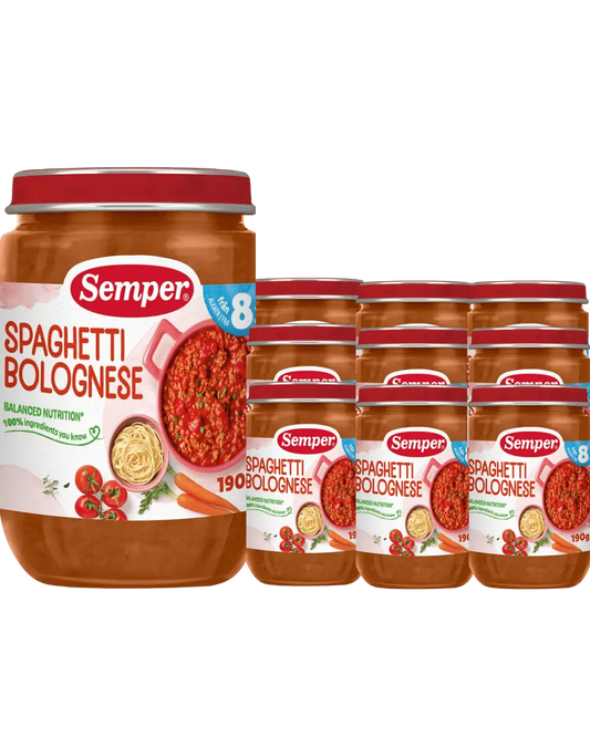 Semper Spaghetti & Köttfärssås – 12-pack (Från 8 månader, 190 g) <p><strong>Pris per burk: ca 16kr</strong></p> BabyMat.se